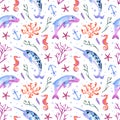 Dolphin and narwhal seamless watercolor pattern. Underwater cute background on white. Sea creatures in ocean with corals Royalty Free Stock Photo