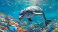 Dolphin in ocean full of plastic. Ai generated