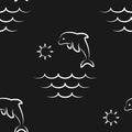 Dolphin, ocean, sea, sun. Pattern. Seamless vector illustration. Art Line. Flat