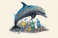 Dolphin over the garbage. Ocean plastic pollution concept. Generative AI Royalty Free Stock Photo