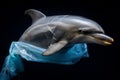 AI generative image. Dolphin in the plastic bag. Environmental issues concept