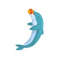 Dolphin, playing with ball, sea animal performing in public in dolphinarium vector Illustration on a white background