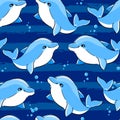 Dolphin print seamless texture for textile, fabric, swimsuit. Marine theme, ocean. Summer graphic design pattern with cute fishes Royalty Free Stock Photo