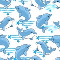 Dolphin print seamless texture for textile, fabric, swimsuit. Marine theme, ocean. Summer graphic design pattern with cute fishes Royalty Free Stock Photo