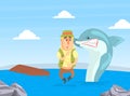 Dolphin Saving Fisherman from Capsized Wooden Boat Cartoon Vector Illustration