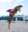 Dolphin sculpture in Setubal Portugal of the exhibition named Golfinho Colorido Royalty Free Stock Photo