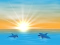 Dolphin in sea realistic and colored composition two dolphins swim in water and sun ryes break through water vector