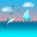 Dolphin in sea waves, boat in the sea, clouds stylized sea waves, boat in the sea, clouds and birds in the sky