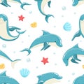 Dolphin Seamless Pattern, Marine Sea Creature Textile, Wallpaper, Packaging, Background Design Vector Illustration