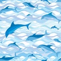 Dolphin seamless pattern. Sea waves and fish background.