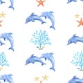 Dolphin and Seaweed watercolor hand painted seamless pattern.