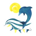 Dolphin silhouette blue turquoise with yellow sun waves of the sea and a garland of flags. Watercolor illustration Royalty Free Stock Photo