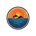 Dolphin silhouette illustration vector animal logo design, Orange sunset cloudy ocean view Royalty Free Stock Photo