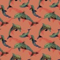 Dolphin silhouette in seamless pattern. Ocean animal on pink background. Royalty Free Stock Photo