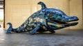 A dolphin statue is sitting on a tile floor, AI