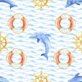 Dolphin, steering wheel and life buoy watercolor hand painted seamless pattern.