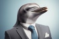 Dolphin in a suit and tie on a blue background. Anthropomorphic animals concept