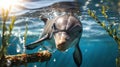 Playful Bottlenose Dolphin Underwater Close-Up, Curious Marine Mammal Royalty Free Stock Photo