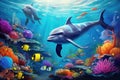 Dolphin swimming in the sea. Underwater world. Vector illustration, Dolphin with group of colorful fish and sea animals with Royalty Free Stock Photo