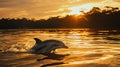 Dolphin swimming in sunset-lit water, vibrant orange reflections Royalty Free Stock Photo
