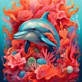 Dolphin swims around the corals