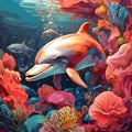 Dolphin swims around the corals