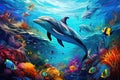 Dolphin and tropical fish in the coral reef. Illustration, Dolphin with group of colorful fish and sea animals with colorful coral Royalty Free Stock Photo