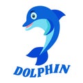 Dolphin vector logo design. Blue isolated icon on a white background. Dolphinarium, swimming pool or aquapark logotype. Illustrati Royalty Free Stock Photo