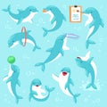 Dolphin vector seafish character drawing or playing undersea and dolphinfish illustration sealife set of blue fish in