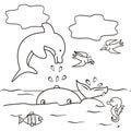 Dolphin, whale, birds, seahorses, and fish in the sea. Coloring page for kids. Vector illustration.