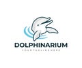 Dolphinarium, dolphin in water and waving its fins, logo design. Animal, fish, sea life and underwater world, vector design