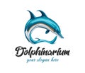 Dolphinarium oceanarium 3d realistic detailed logo. Aqua, marine park with jumping dolphin element. Underwater zoo sign