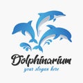 Dolphinarium oceanarium logo. Aqua, marine park with jumping dolphin element. Underwater zoo sign