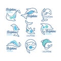 Dolphine logo templates set, nautical design elements in blue colors vector Illustrations on a white background