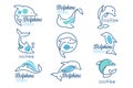 Dolphine logo templates set, nautical design elements in blue colors vector Illustrations on a white background