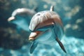 Dolphins animatedly swim in the ocean at an aquarium creating a lively and joyful underwater spectacle, underwater marine life