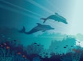 Dolphins, corals, sea. Underwater . Royalty Free Stock Photo