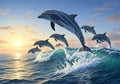 Dolphins (Delphinidae) are seen leaping energetically through Royalty Free Stock Photo