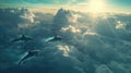 Dolphins flying among clouds and sun Royalty Free Stock Photo