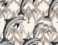 Dolphins and Gothic Arches Seamless Pattern Design Royalty Free Stock Photo