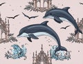Dolphins and Gothic Architecture Seamless Pattern Royalty Free Stock Photo