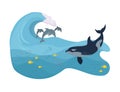 Dolphins jump out of the water. The killer whale swims in the ocean. Dolphins and killer whale in the ocean. Vector illustration Royalty Free Stock Photo