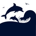 Dolphins jumping in big sea wave.Vector silhouete