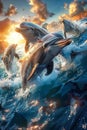 Dolphins jumping in the ocean at sunset Royalty Free Stock Photo