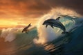 Dolphins jumping out of the ocean at sunset. 3d render, Playful dolphins jumping over breaking waves, AI Generated Royalty Free Stock Photo