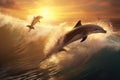 Dolphins jumping out of the ocean at sunset, 3d render, Playful dolphins jumping over breaking waves, AI Generated Royalty Free Stock Photo