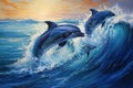 Dolphins jumping out of the ocean at sunset. 3D rendering, A group of playful dolphins leaping together over waves in a sparkling