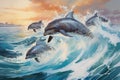 Dolphins jumping out of the ocean at sunset. 3d rendering, A group of playful dolphins leaping together over waves in a sparkling
