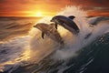 Dolphins jumping out of the ocean at sunset. 3d rendering, Playful dolphins jumping over breaking waves, AI Generated Royalty Free Stock Photo
