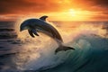 Dolphins jumping out of the ocean at sunset. 3d rendering, Playful dolphins jumping over breaking waves, AI Generated Royalty Free Stock Photo